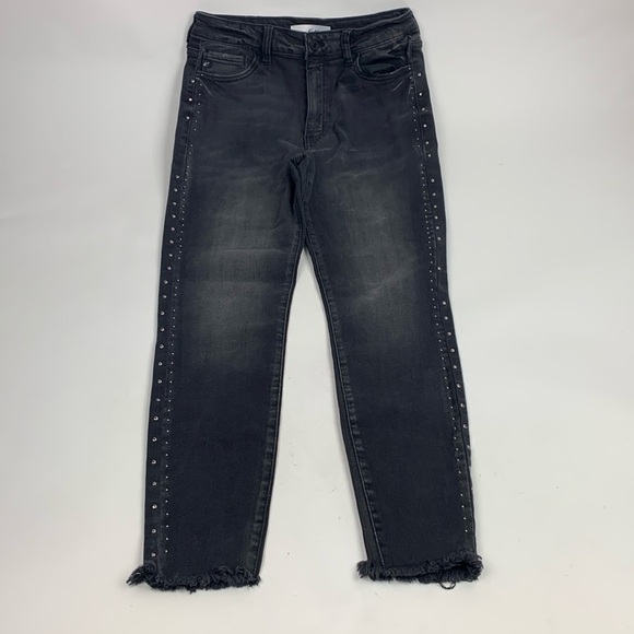KanCan Faded Black Distressed Side Studs Raw Hem Jeans Sz 11/29 Stretch - Picture 1 of 16